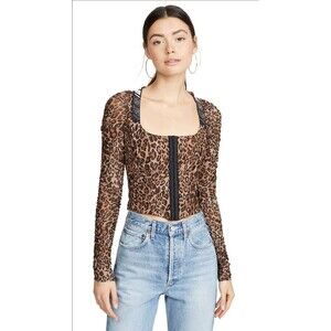 I.AM.GIA Chelsea Leopard Corset Top Blouse Long Sleeve Tan Brown Size M